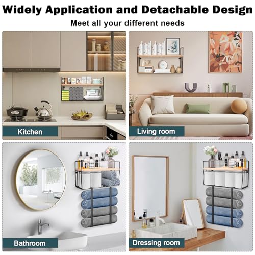Livabber Towel Racks for Bathroom, Metal Towel Storage Holder for Roll Towels, Wall Mounted Towel Organizer with Storage Basket and Wooden Shelf for Small Spaces (Black)