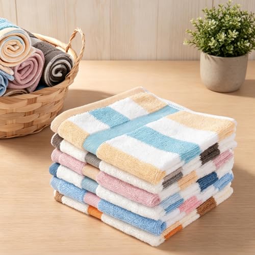 12 Pack Striped Wash Cloths, 13.4” x 13.4”inches 100% Cotton Absorbent Soft Wash Cloths for Showering Bathroom, Kitchen, Gym, Face - 6 Colors