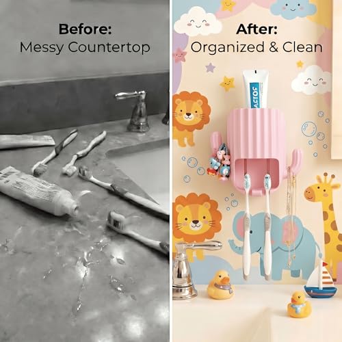 Kids Toothbrush Holder Wall Mount, Cute Cactus (Light Pink) | Bathroom Organizer, PP Cactus Holder, Toothbrush Toothpaste Hair Tie Accessories,Multi-Function Organizer - color: Pink