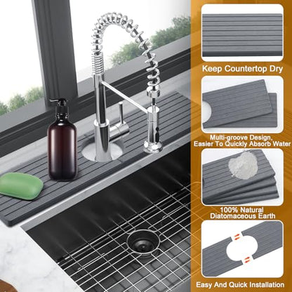 2 Pack Stone Faucet Mat for Kitchen Faucet Sink, 23.6x4 Inches, Dark Grey | Olldag Quick Drying Splash Guard Water Protector & Drip Catcher for Bathroom Counter - size: 23.6x4 Inch