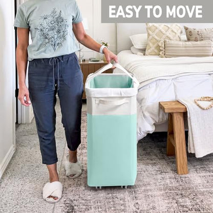 Goodpick Laundry Basket with Wheels, 75L Laundry Hamper with Wheels, Large Laundry Basket with Removable Wash Bag, Clothes Hamper for Laundry, Blue&White | Clothes Hamper with Removable Wash Bag for Laundry Room, Large Rolling Laundry Basket with Handles,