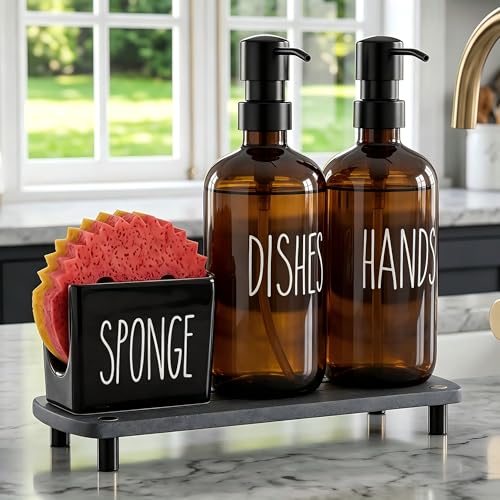 Cisily Amber Kitchen Soap Dispenser Set with Ceramics Sponge Holder | Black Metal Pump Head, Quick-Drying Soil Plate - color: Brown Bottle+black Pump + Black Sponge Holder