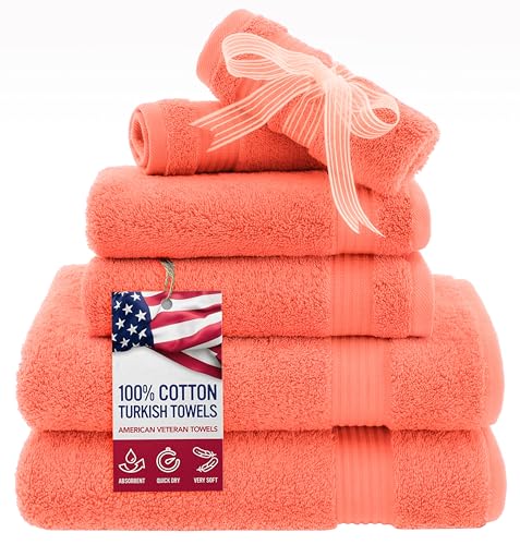 American Veteran Towel, 6 Piece Towel Set for Bathroom, 100% Cotton Turkish Bathroom Towels, 2 Bath Towels 2 Hand Towels 2 Washcloths, Coral - color: Coral, size: X Large 6 PC