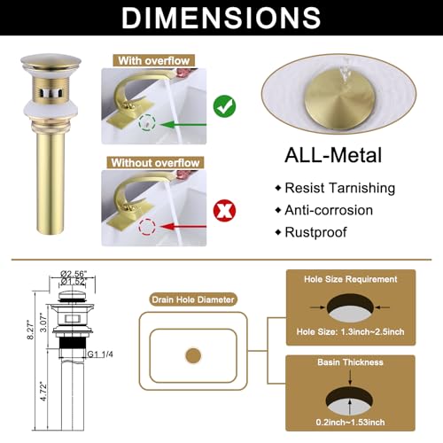 Brushed Gold Bathroom Faucet,Modern Single Hole Bathroom Sink Faucet,High Arc Brass Basin Mixer with 1 Hole or 3 Hole Mount 6-Inch 10-Inch Deckplate,Pop Up Overflow Drain Assembly Included - color: Brushed Gold, style: With Drain