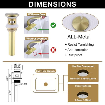 Brushed Gold Bathroom Faucet,Modern Single Hole Bathroom Sink Faucet,High Arc Brass Basin Mixer with 1 Hole or 3 Hole Mount 6-Inch 10-Inch Deckplate,Pop Up Overflow Drain Assembly Included - color: Brushed Gold, style: With Drain