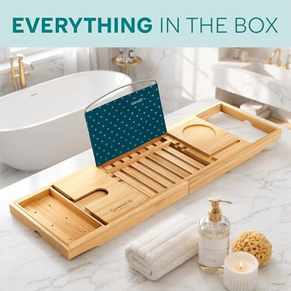 SereneLife Luxury Bamboo Bathtub Caddy Tray - Adjustable Natural Wood Bath Tub Organizer with Wine Holder, Cup Placement, Soap Dish, Book Space & Phone Slot for Spa, Bathroom & Shower - SLBCAD20