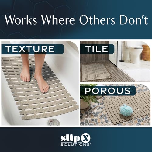 SlipX Solutions 31"x15" Weighted Non Slip Bath Mat for Textured Tubs, Tan | No Suction Cup Design, Safe For Refinished Bathtubs & Showers, Doesn't Float, Stays Put On Tile, Texture, & Stone - color: Tan