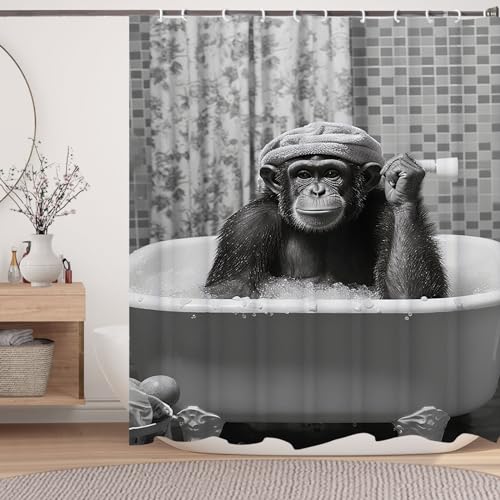 Funny Monkey Shower Curtain, Black and White Fun Chimpanzee Animal Bathroom Curtains, 72x72 Humorous Shower Curtain Set, Gray Wildlife Boys Men Modern Cool Bathroom Curtain - color: Black Gray, size: 72"W x 72"L (Pack of 1)