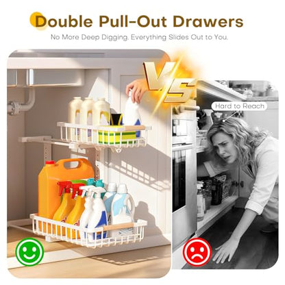 Under Sink Organizer, 2 Tier Pull Out Under-Sink Shelves, Adjustable Height (13.8" -16.9"), Sturdy Metal Storage Organizer for Bathroom Kitchen Pantry Cabinet (2 Packs, White)