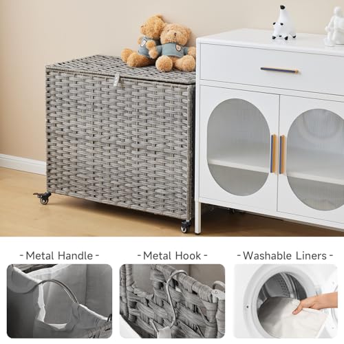 Laundry Hamper with Wheels, 52.8 Gallon(200L) Rolling Laundry Basket with Lid, Removable Large 3 Color Liners & 3 Mesh Laundry Bags, Clothes Hamper with Side Pocket, Grey - color: Grey, size: 31.5"L x 15.75"W x 25.6"H