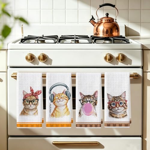 Hanamiya Na 4 Pcs Funny Cat Kitchen Hand Towels 24x14 Inch - color: Multi 1350