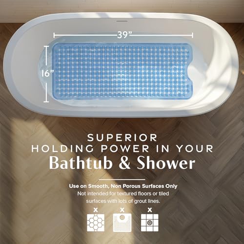 SlipX Solutions 39"x16" Power Grip Non Slip Bathtub Shower Mat, Lt Blue | Stronger Wet Surface Protection, Soft Under Foot, 265+ Suction Cups, Large Drainage Holes - color: Clear Light Blue