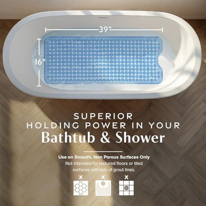 SlipX Solutions 39"x16" Power Grip Non Slip Bathtub Shower Mat, Lt Blue | Stronger Wet Surface Protection, Soft Under Foot, 265+ Suction Cups, Large Drainage Holes - color: Clear Light Blue