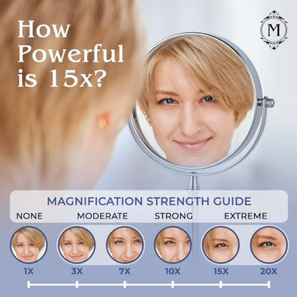 15X Magnifying Makeup Mirror with Stand - Double-Sided 15X/1X Design - Suitable for Vanity Desk, Dressing Table, or Bathroom Countertop for Precise Make Up - 12" High x 6" Wide (Chrome)