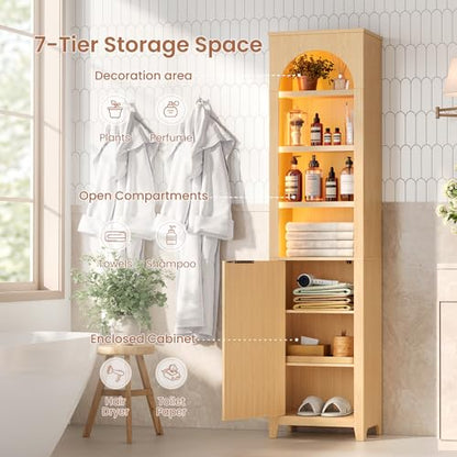 71'' Tall Bathroom Storage Cabinet with Light, 7-Tier Freestanding Narrow Bathroom Cabinet with Adjustable Shelf, Fluted Slim Storage Cabinet for Small Spaces, Bathroom, Living Room, Oak