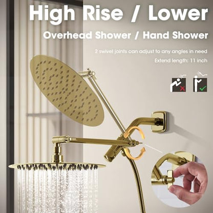 TRUSTMI 10 Inch Shower Arm Extension Front-Handle 3-Way Diverter, Shower Head Combo Adjustable Height Arm Mount, Polished Gold - color: Polished Gold