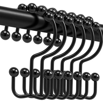 Shower Curtain Hooks, 12 Pcs Rustproof Metal Shower Curtain Rings,Free Sliding Double Shower Hooks for Shower Curtain & Liners, Shower Curtain Hangers for Bathroom Shower Curtain Rods Curtains (Black) - color: Black