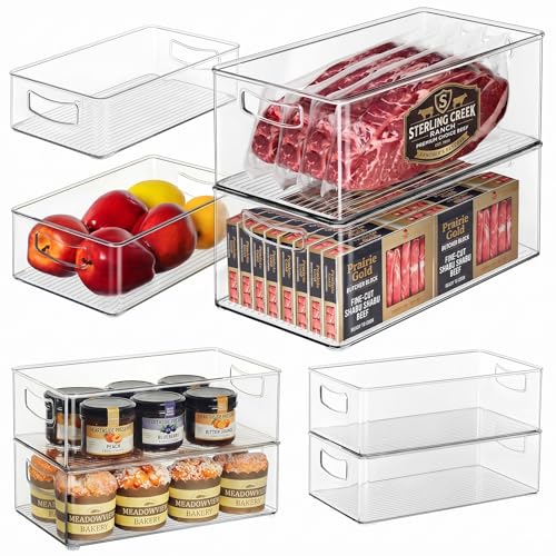 Hudgan 8 Pack Freezer Organizer Bins,Stackable,Clear Bins for Fridge,Pantry | Straight Side, 3 Sizes, 2 XL Storage Container, 3 Large Cabinet Organizer, 3 Medium Storage Drawer - size: 2XL+3L+3M