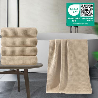 POLYTE 430 GSM Poly Blend Microfiber Quick Dry Waffle Bath Towel, 30x60 in | 4 Pack, Oversize, Lint Free, Body Towel - color: Beige
