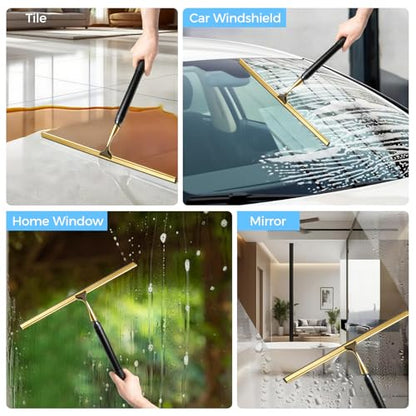 17“- 60" Extendable Long Handle 2-in-1 Window Squeegee Gold | 12.4" Wide Metal Shower Squeegee for Glass Doors, 2-in-1 Squeegee for Home Window Cleaning, Tile Wall, Car - color: Black/Gold