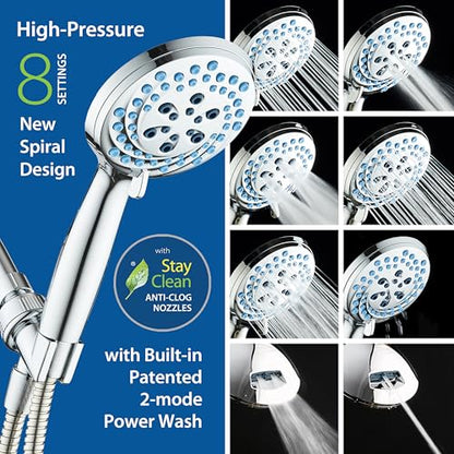 AquaCare New 8-mode High Pressure Handheld Shower Head w/ 2-way Power Wash | Stay Clean Nozzles, Dual Power Wash for Tub, Tile & Pets, Long 6 ft. Stainless Steel Hose, Wall & Overhead Brackets / Chrome - color: Chrome