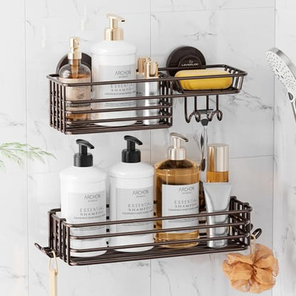 Shower Caddy Suction Cup, 2 Pack Shelves for Inside with Hooks | Brown Shower Storage, Rustproof Meatl Bathroom Basket, Soap Holder, NO-Drilling Shower Holder - color: 2 X Brown