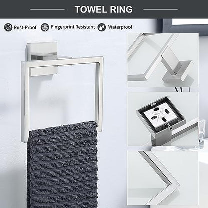 TQKAG 6-Piece Towel Bar Set, 23.6 Inch Bathroom Hardware Set Brushed Nickel | Stainless Steel, Wall Mounted, Nickel Bathroom Accessories Include Toilet Paper Holder Wall, Towel Bar, Towel Ring, Coat Hook - color: Brushed Nickel, size: 6-Pieces Set-A