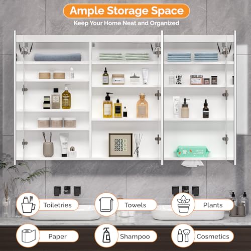 VINGLI 60 x 36 Inch Extra Large Lighted Bathroom Medicine Cabinet with Mirror, Large 3-Door Wall Mounted Bathroom Medicine Cabinet with Lights, Dimmable Mirror with Storage, Built-in Outlet & USB - size: 5.9"D x 60"W x 36"H