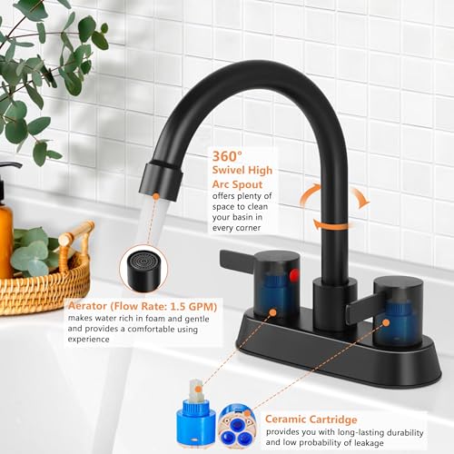Herogo 2-Handle Centerset Bathroom Faucet Matte Black, Stainless Steel Vanity Sink Faucet 2-3 Hole with Drain Assembly, 360 Swivel Spout and Supply Hose for Farmhouse RV - color: Matte Black, style: Square Handles