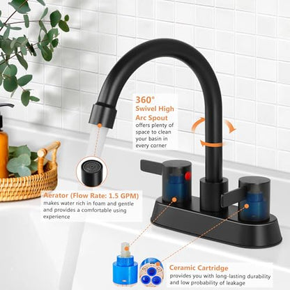 Herogo 2-Handle Centerset Bathroom Faucet Matte Black, Stainless Steel Vanity Sink Faucet 2-3 Hole with Drain Assembly, 360 Swivel Spout and Supply Hose for Farmhouse RV - color: Matte Black, style: Square Handles