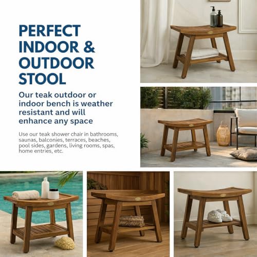 EcoDecors Harmony Gold 18" Teak Shower Bench, Fully Assembled, 300 lb | Comfortable shower bench supports adults and seniors with sturdy construction, reliable stability, and timeless teak style