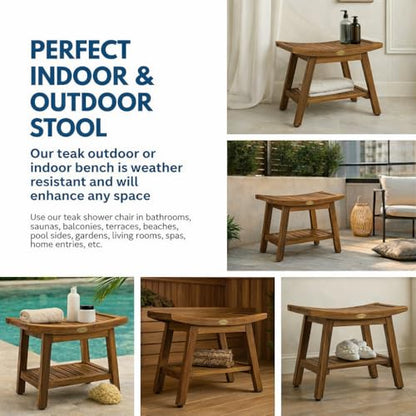 EcoDecors Harmony Gold 18" Teak Shower Bench, Fully Assembled, 300 lb | Comfortable shower bench supports adults and seniors with sturdy construction, reliable stability, and timeless teak style
