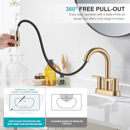 Champagne Bronze Pull Down Centerset Bathroom Faucet 4 Inch 2 Handle | Pull Out Bathroom Faucet with Pop Up Drain & Supply Lines, Lead-Free cUPC & NSF Certified, 3 Hole Faucet for Vanity RV Bar - color: Champagne Bronze
