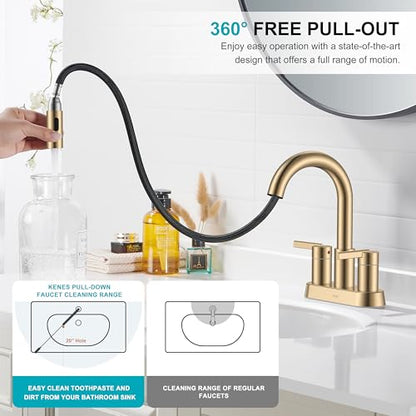 Champagne Bronze Pull Down Centerset Bathroom Faucet 4 Inch 2 Handle | Pull Out Bathroom Faucet with Pop Up Drain & Supply Lines, Lead-Free cUPC & NSF Certified, 3 Hole Faucet for Vanity RV Bar - color: Champagne Bronze