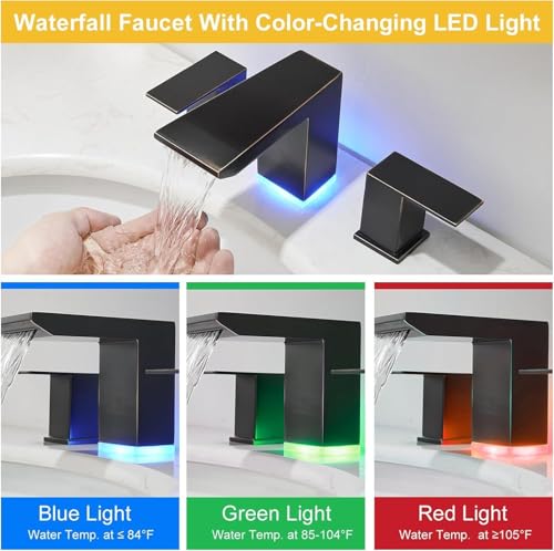 BESy LED Oil Rubbed Bronze Square Bathroom Faucets 3 Hole Waterfall 8 Inch Widespread with 3 Colors Light Changing Sink Faucet with Pop-up Drain, Supply Lines 2 Handles for Vanity, Lavatory, Restroom - color: Oil Rubbed Bronze