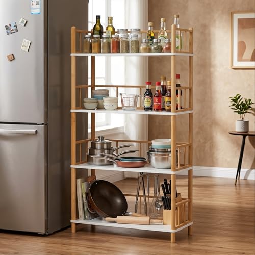 4-Tier Expandable Freestanding Open Bamboo Book Shelf - No-Tool Assembly & Modular,Bathroom Storage Shelf Unit Plant Stand for Small Space, Bedroom, Living Room, Home Office (White, 4-Tier WithRail) - color: White 4-tier-2