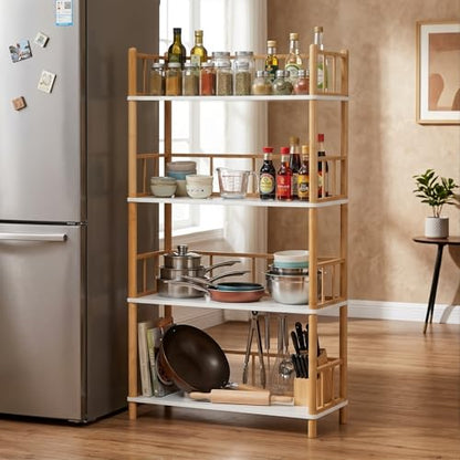 4-Tier Expandable Freestanding Open Bamboo Book Shelf - No-Tool Assembly & Modular,Bathroom Storage Shelf Unit Plant Stand for Small Space, Bedroom, Living Room, Home Office (White, 4-Tier WithRail) - color: White 4-tier-2