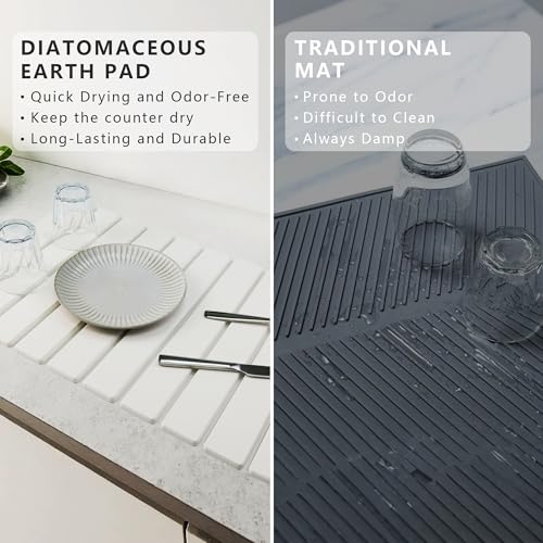 Large Stone Diatomaceous Dish Drying Mat/Rack, 24"×16", Light Gray | Collapsible Water Absorbing & Super Heat Resistant Diatomaceous Dish Drying Rack for Kitchen Counte, 5 Colors Available