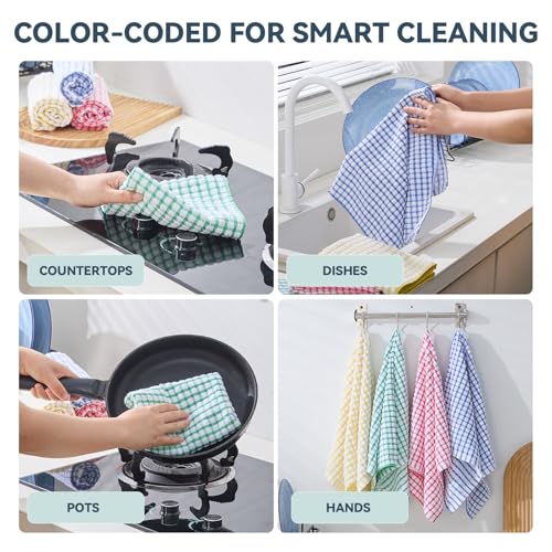 Egles 8 Packs Kitchen Dish Towels 15 x 27 Inch | 100% Cotton Terry Dish Cloths for Drying and Washing Dishes Scrubbing - color: Blue, Green, Red, Yellow, size: 15"x27" - 8 pcs