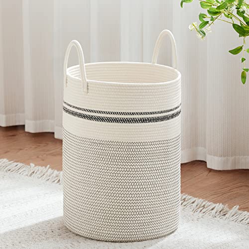 VIPOSCO 58L Tall Woven Laundry Basket Hamper, Stripe White | Cotton rope laundry hamper, collapsible wicker basket, storage for blanket, toys, dirty clothes, for bedroom, bathroom - color: Stripe White, size: 58L
