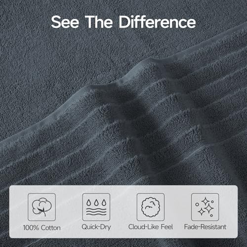 ecolook Soft Bath Towels 2 Pack, 100% Cotton Ultra Absorbent & Quick-Drying | Luxury Lightweight with Hanging Loop, Grey towels for Bathroom Shower Gym Travel - color: Dark Gray
