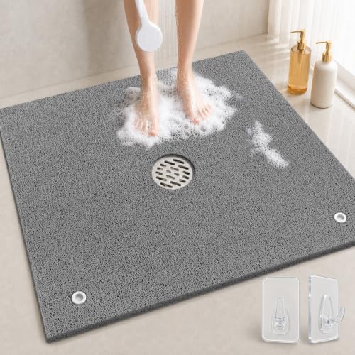 Extra Large Square Shower Mat for Inside Shower, 27 x 27 Inch Shower Floor Mat with Center Drain Hole, Designed for Walk-in Showers, Non-Slip Loofah Mat with Wide Coverage for Stable Standing