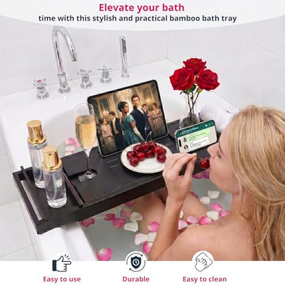 Bath Tray for Tub and Ergonomic Pillow Premium - Caddy Expandable 29 to 42.5 Inch -Foldable Bamboo Wood Tub Organizer - Luxury Bathtub Tray Wood Bamboo - color: Black