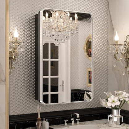 Keonjinn 20 x 32 Inch Chrome Medicine Cabinets for Bathroom with Mirror Adjustable Shelves Stainless Steel Framed Rounded Rectangle Single Door Surface Wall Mounted Silver Bathroom Storage Cabinet | Stainless Steel Framed, Adjustable Shelves, Recessed or