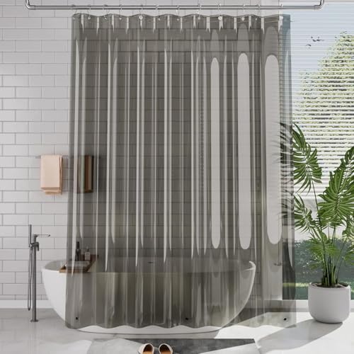 Clear Heavyweight PEVA Shower Curtain Liner, Waterproof Shower Liner Rustproof Metal Grommets with Weighted Magnetic Hem, BPA-Free, 72 x 72 Inches Clear Grey