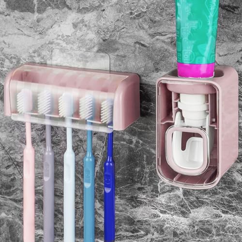 5 Slots Wall Mount Toothbrush Holder with Cover, Self Adhesive Toothbrush Storage Organizer for Shower, Toothbrush Hanger with Automatic Toothpaste Squeezer Dispenser (Pink) - color: Pink Combination