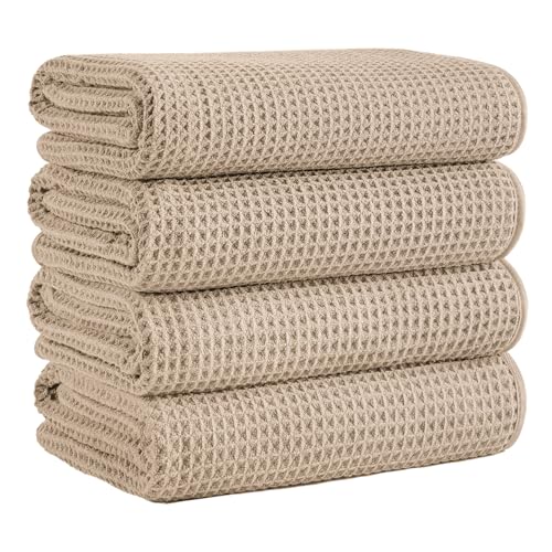 Microfiber Waffle Bath Towels, 4 Pieces, Soft, Absorbent, Fast Drying, Lint Free 430 GSM (27''x55''/68.58 cm x139.7 cm) - color: Beige