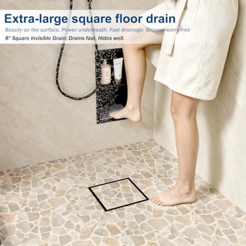 Neodrain 8 in Black Square Shower Drain with Removable Tile Insert Grate | 304 Stainless Steel Tile Square Drain, Hidden Drain,Easy to Clean, Waterproof & Sturdy Shower Drain, CUPC Certified - color: Matte Black, size: 8 IN