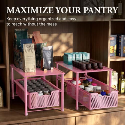 Simple Houseware Stackable Under Sink Sliding Basket Drawer, Pink | Perforated Free Standing Organizer, Kitchen/Pantry/Cabinet/Counter - color: Pink