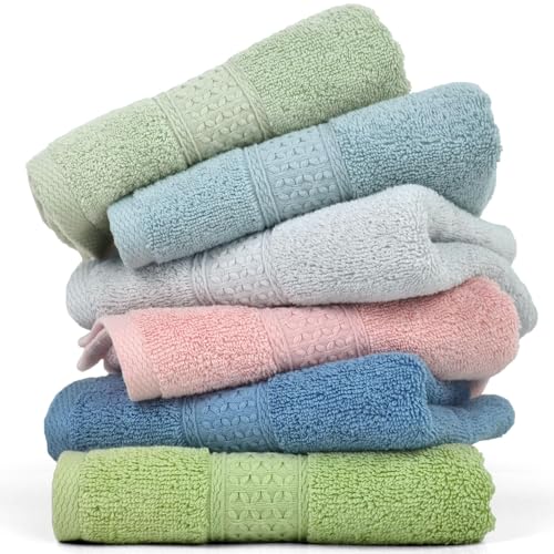 Cleanbear Hand Towels 6-Pack, 100% Cotton Hand Towels 29" x 13", 6 Colors | Soft Absorbent Hand Towels for Bathroom, Kitchen, Guestroom, Decorative Assorted Colors Hand Towels - color: Baby Pink, Olive Green, Fresh Green, Blue Grey, Grey, Light Grey